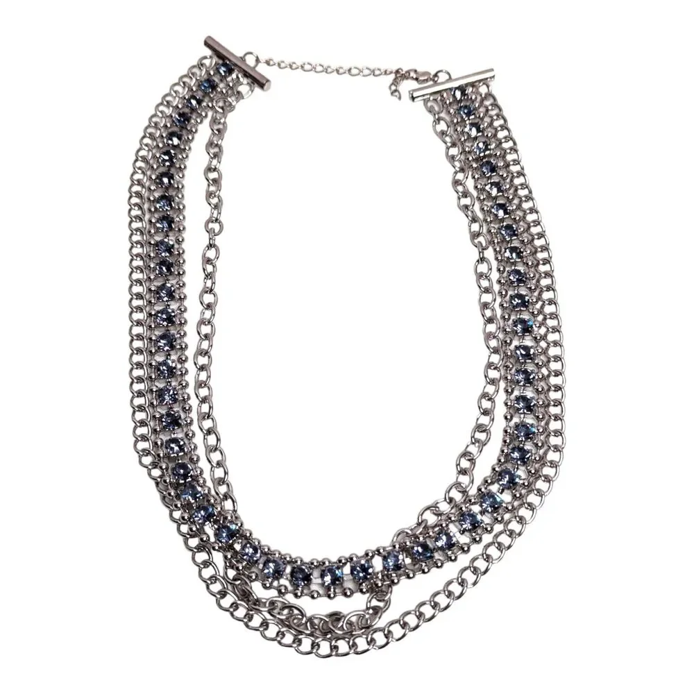 Womens Silver Tone Multi Strand Layered 35in Necklace Blue Rhinestone Curb Chain